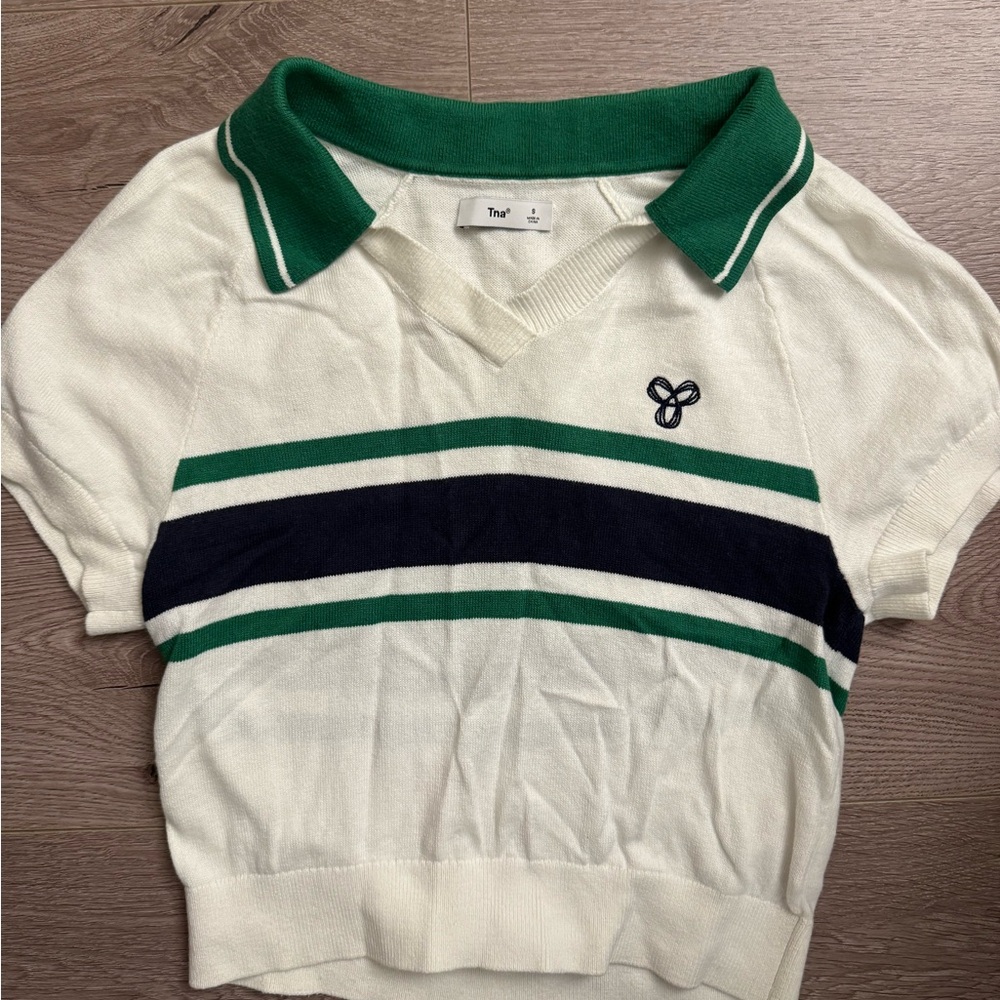 Aritzia TNA white and green collared crop top